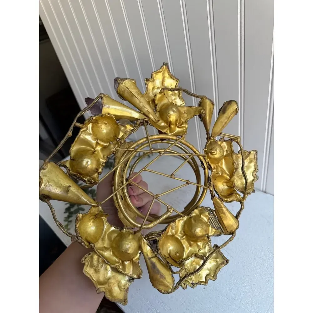Vintage Handcrafted Brass Wine Bottle Holder | Amethyst & Quartz Gemstone